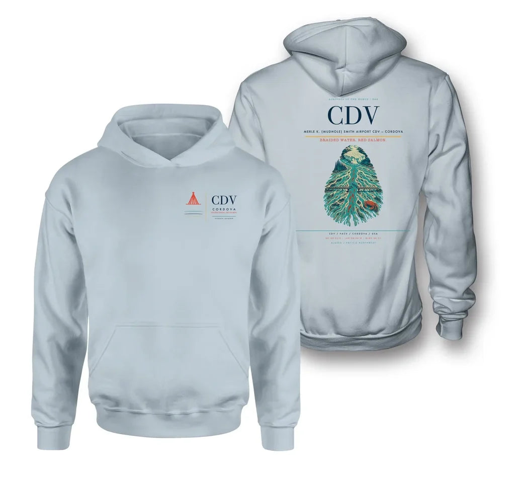 Merle K. (Mudhole) Smith Airport (CDV) design on light blue double-side hoodie