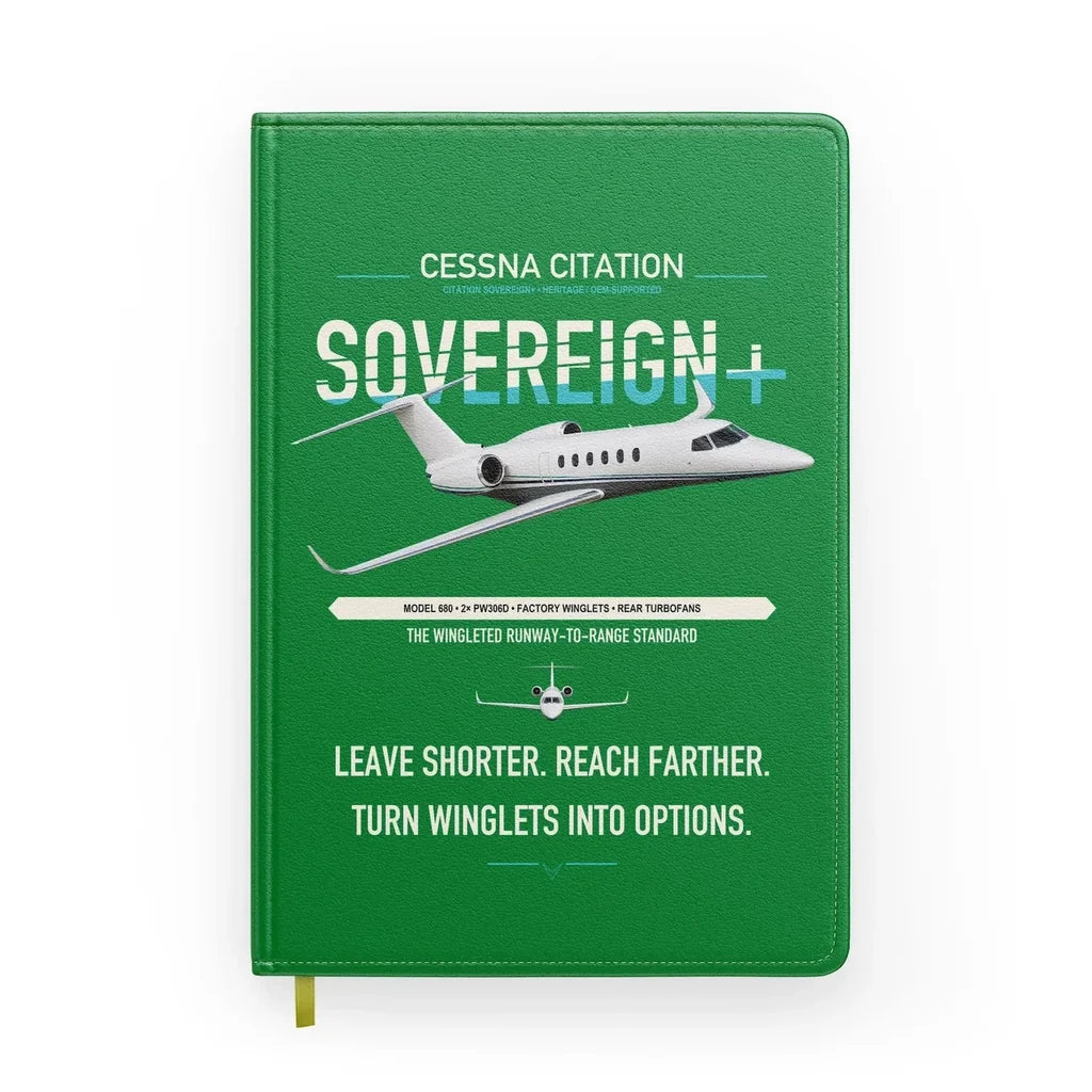 Cessna Citation Sovereign+ design on green notebook