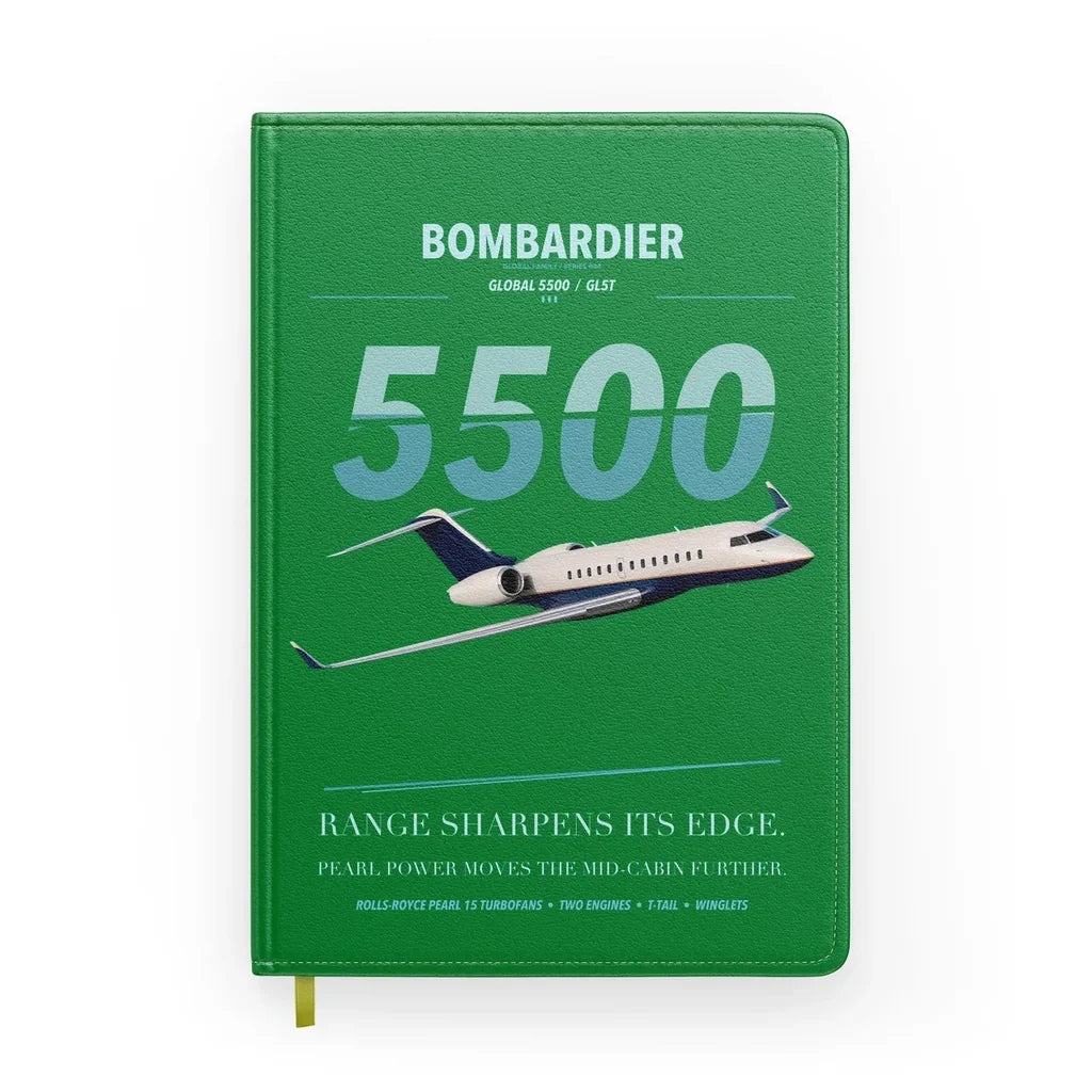 Bombardier Global 5500 design on green notebook