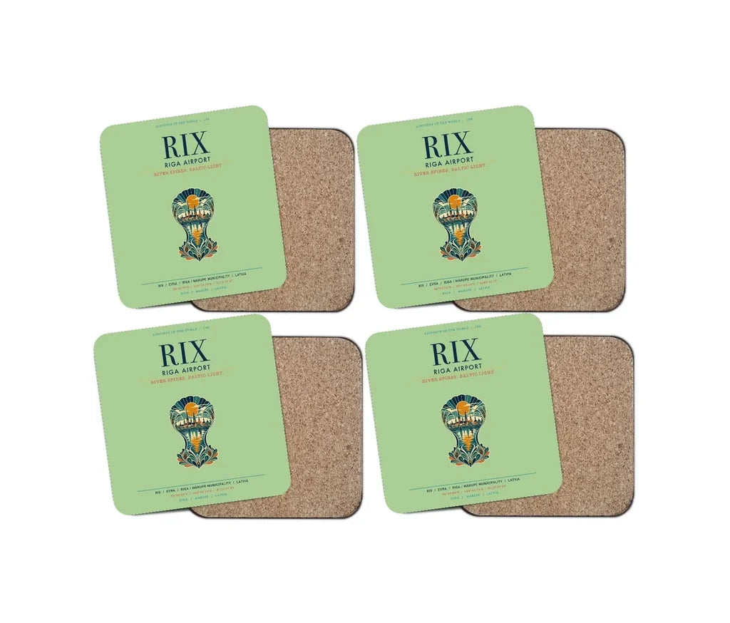 Riga Airport (RIX) design on light green 4 pieces set coaster