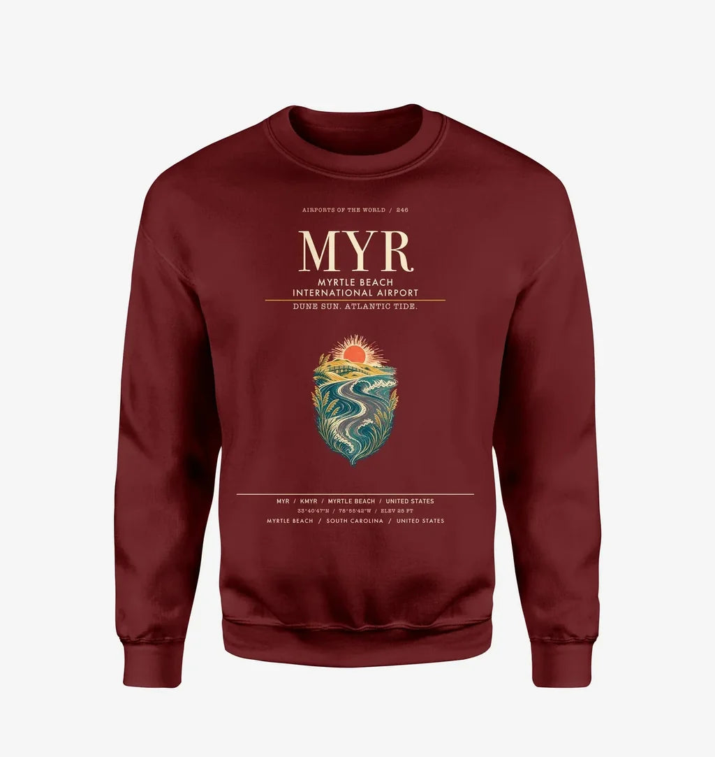 Myrtle Beach International Airport (MYR) design on wine red sweatshirt