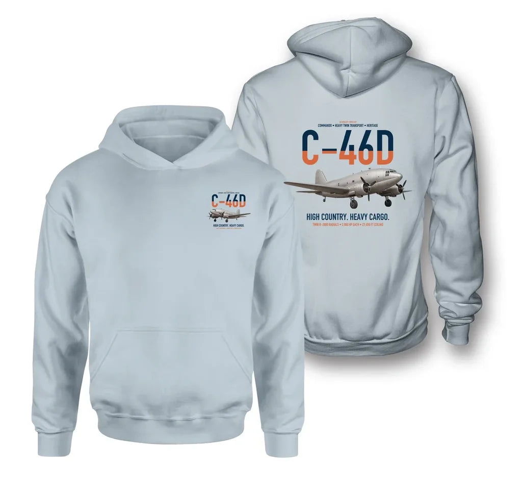 C-46D Commando design on light blue double-side hoodie, double-side print