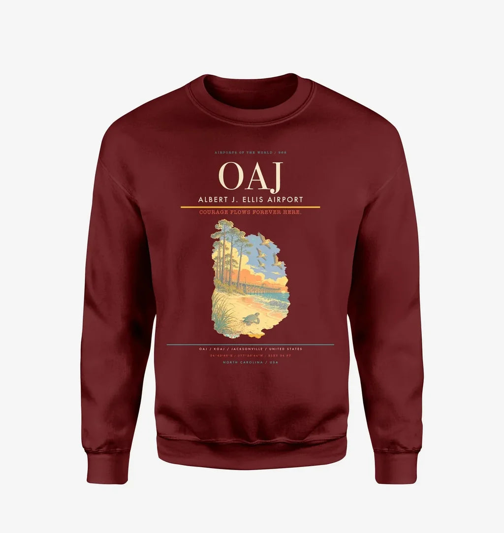 Albert J. Ellis Airport (OAJ) design on wine red sweatshirt