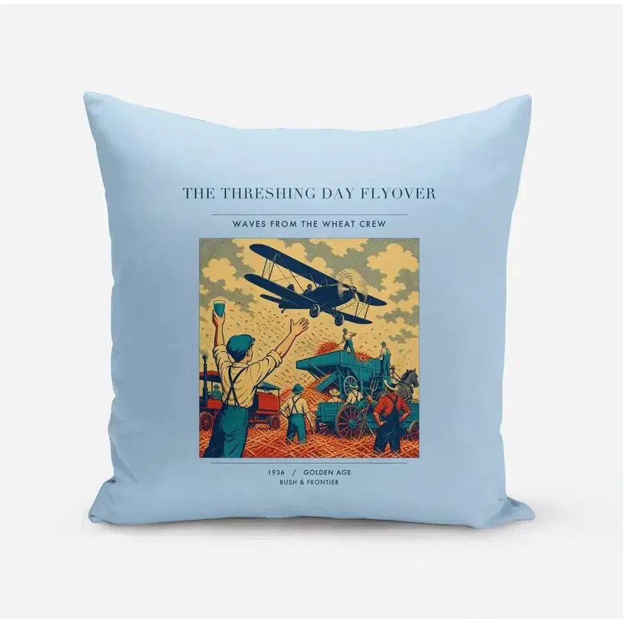 VINTAGE G4389 - The Threshing Day Flyover - Designed Pillows design on lightblue