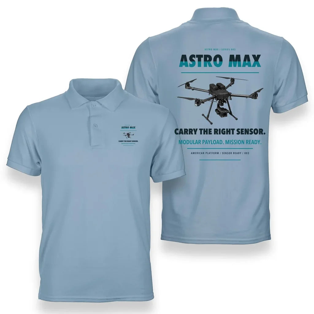 Freefly Astro Max design on light blue polo
