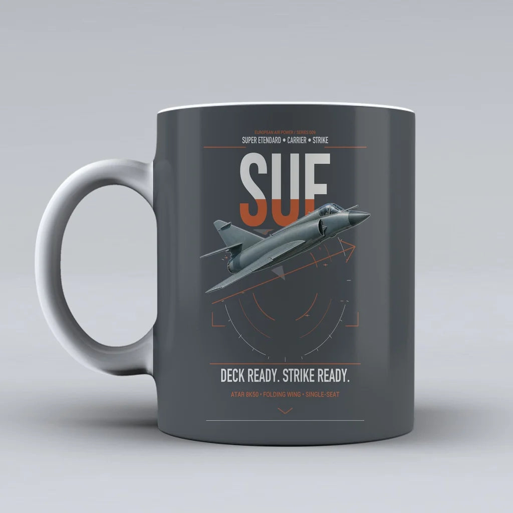 Dassault Super Étendard design on gray ceramic mug, double-side print
