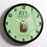Thumbnail for Patrick Leahy Burlington International Airport (BTV) design on light green framed wall clock