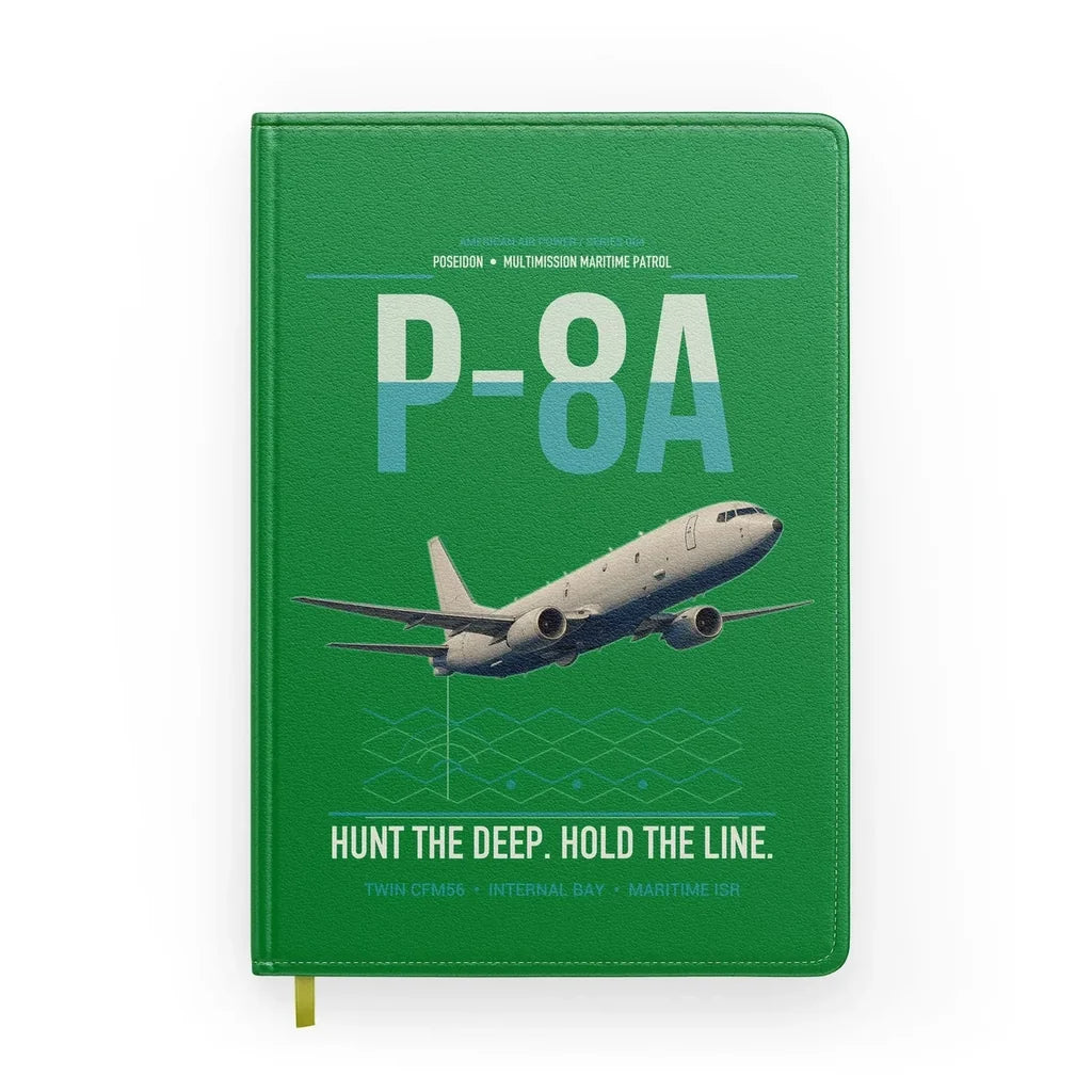 P-8A Poseidon design on green notebook
