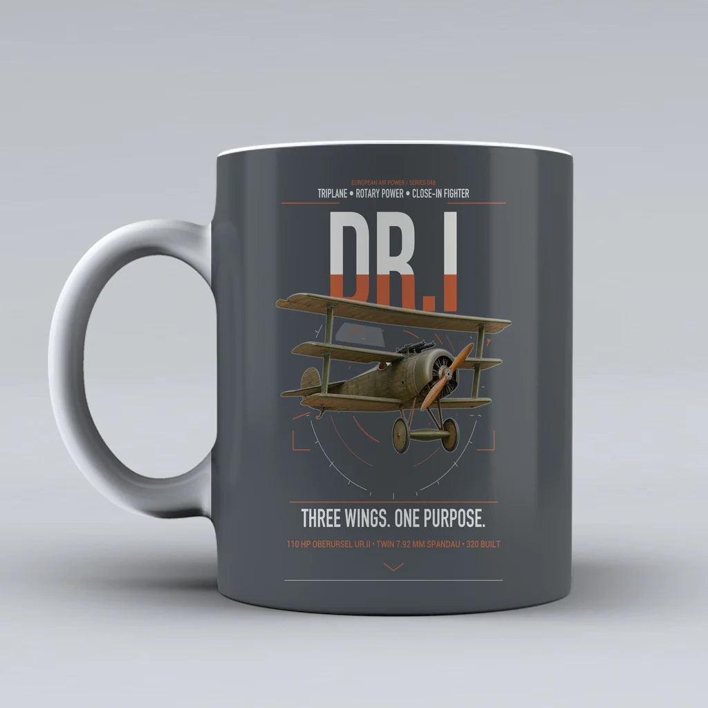 Fokker Dr.I design on gray ceramic mug, double-side print