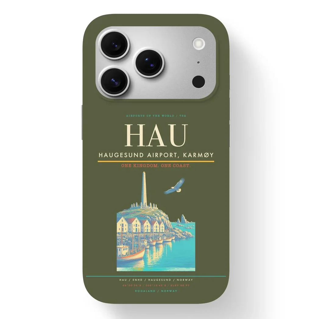 Haugesund Airport (HAU) design on green army iPhone 17 Pro MagSafe case