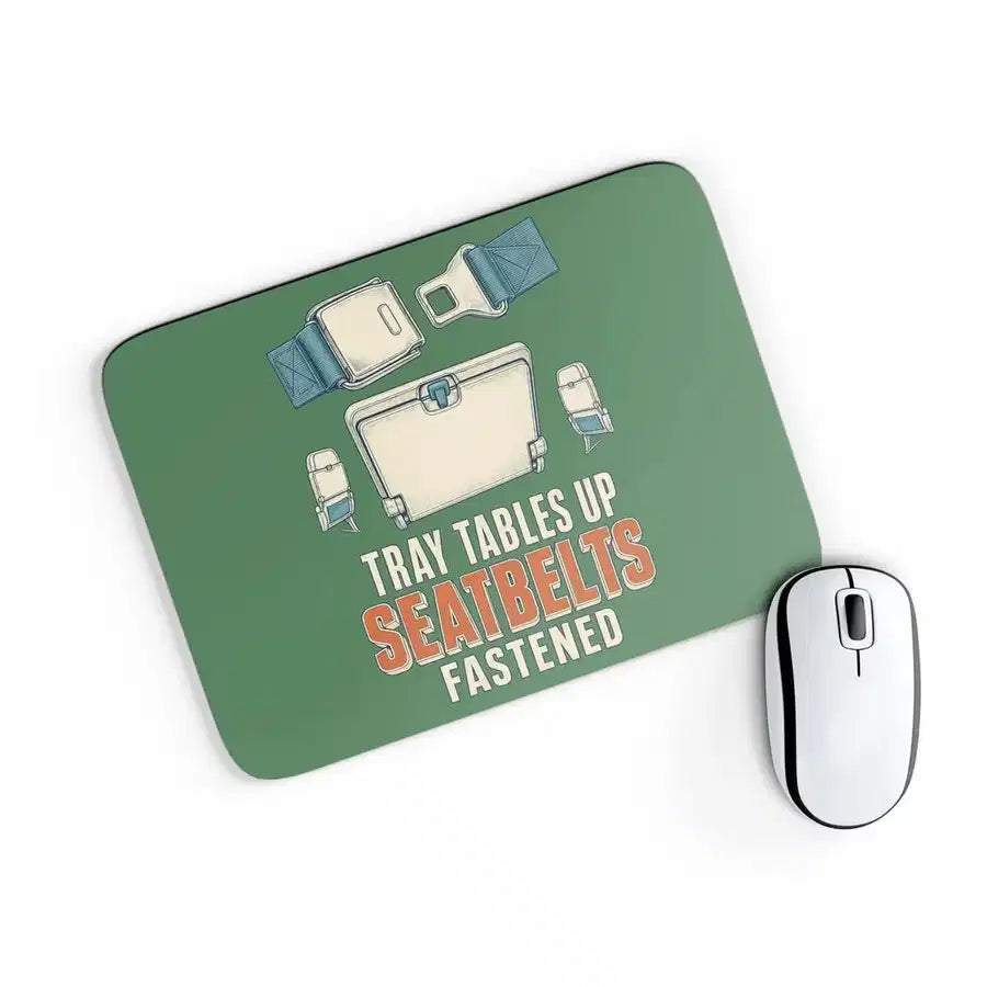 Tray Tables Up Seatbelts Fastened design on green rectangle mouse pad