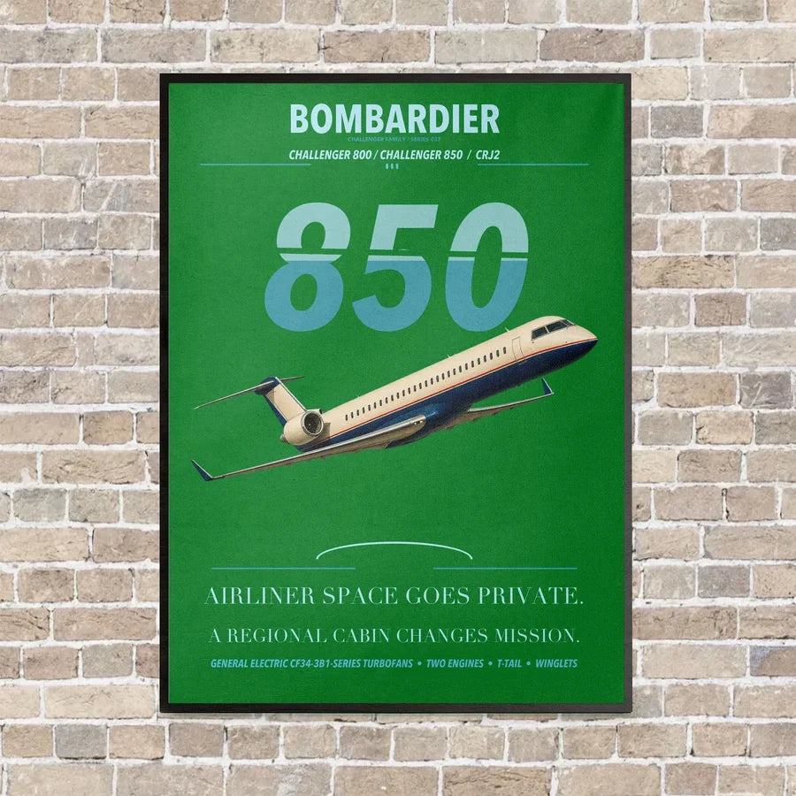 Bombardier Challenger 850 vertical canvas print - framed - green background