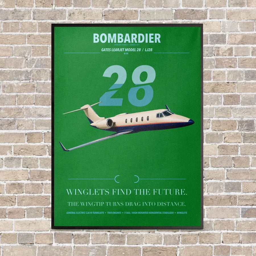 Bombardier Learjet 28 vertical canvas print - framed - green background