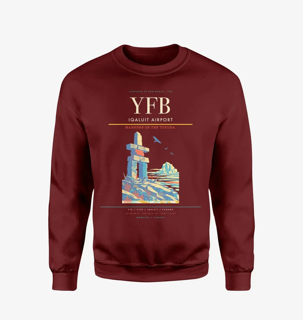 Iqaluit Airport (YFB) design on wine red sweatshirt