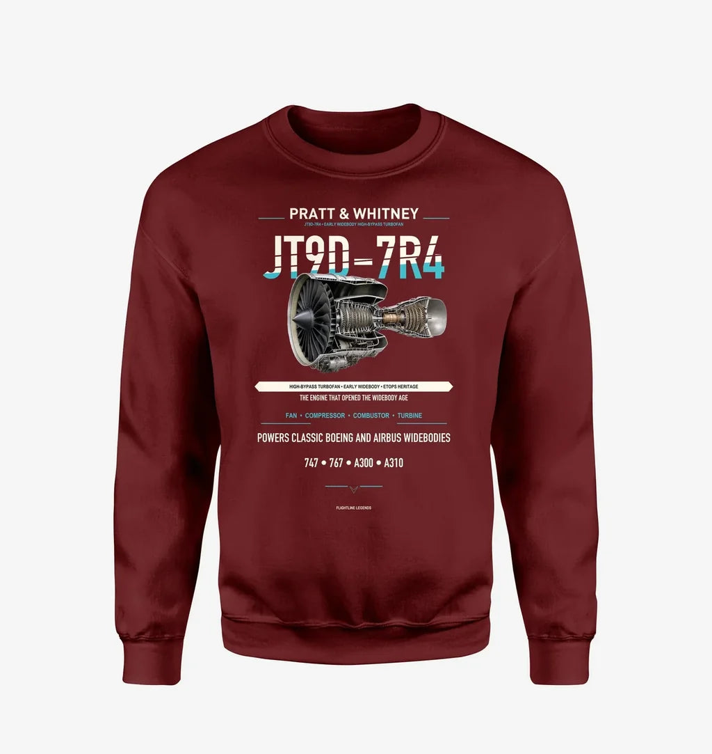 JT9D-7R4 design on wine red sweatshirt