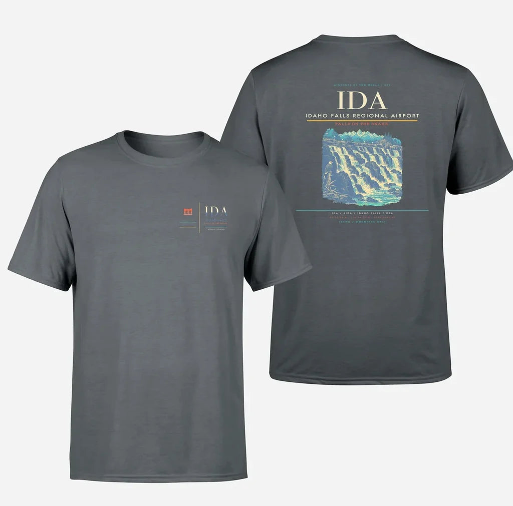 Idaho Falls Regional Airport (IDA) design printed on gray double-side t-shirt