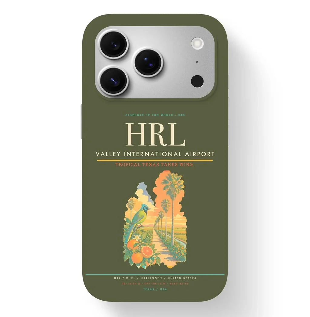 Harlingen Airport (HRL) design on green army iPhone 17 Pro MagSafe case