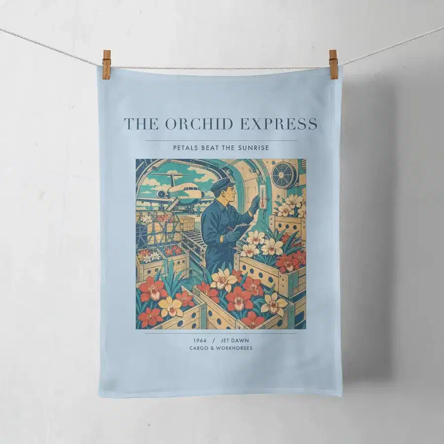 VINTAGE G4233 - The Orchid Express - Designed Towels design on lightblue
