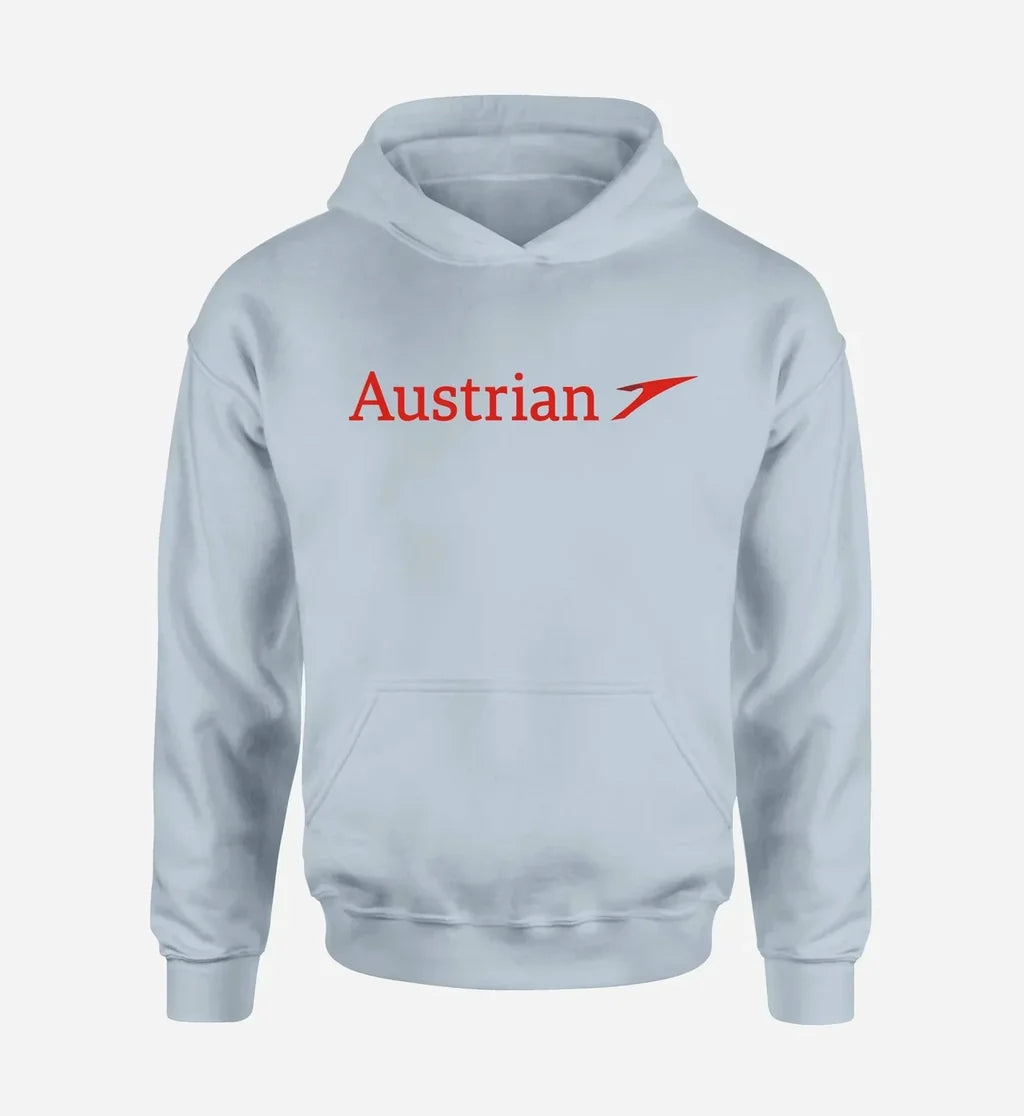 Austrian Airlines logo printed on light blue hoodie