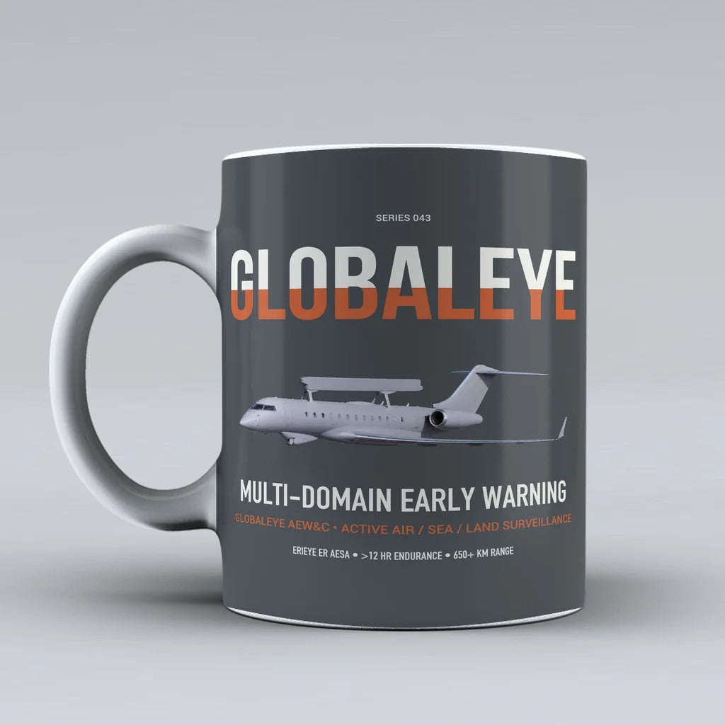Saab GlobalEye design on gray ceramic mug, double-side print