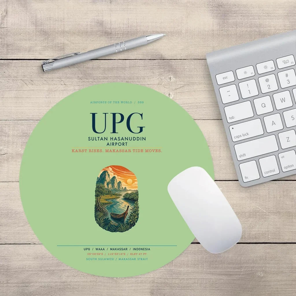 Sultan Hasanuddin Airport (UPG) design on light green round mouse pad