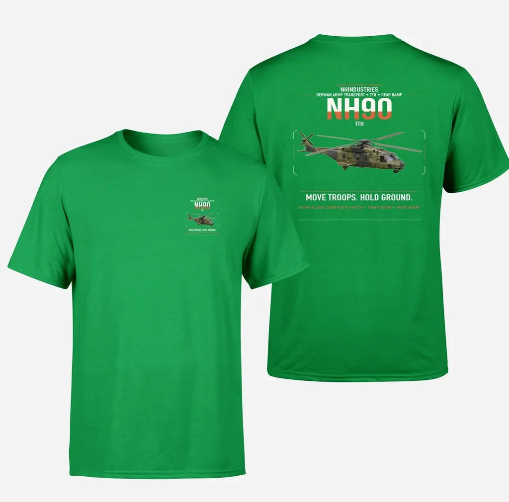NHIndustries NH90 TTH design on green t-shirt, double-side print
