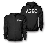 Thumbnail for Airbus A380 Flat Text aviation design on soft cotton blend zipped hoodie.