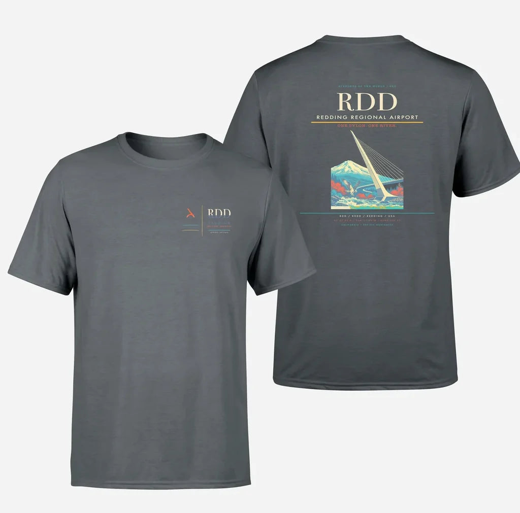 Redding Regional Airport (RDD) design printed on gray double-side t-shirt