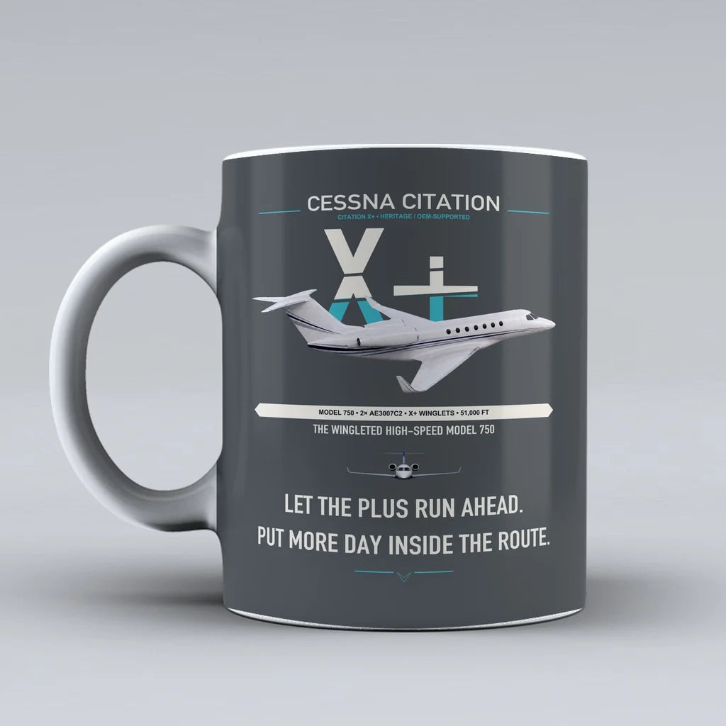 Cessna Citation X+ design on gray ceramic mug, double-side print