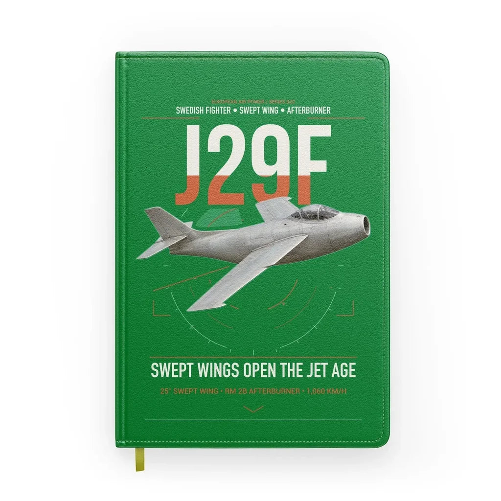 Saab J 29F Tunnan design on green notebook