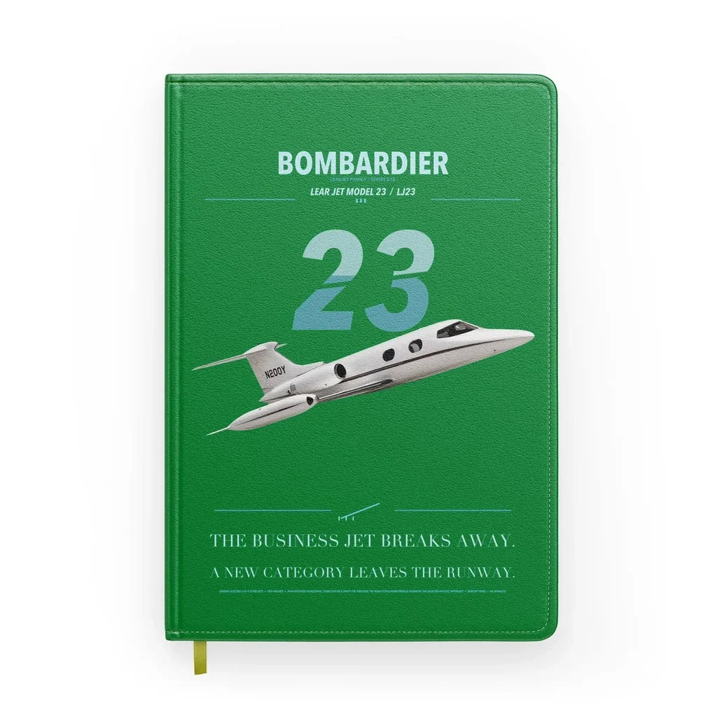 Bombardier Learjet 23 design on green notebook
