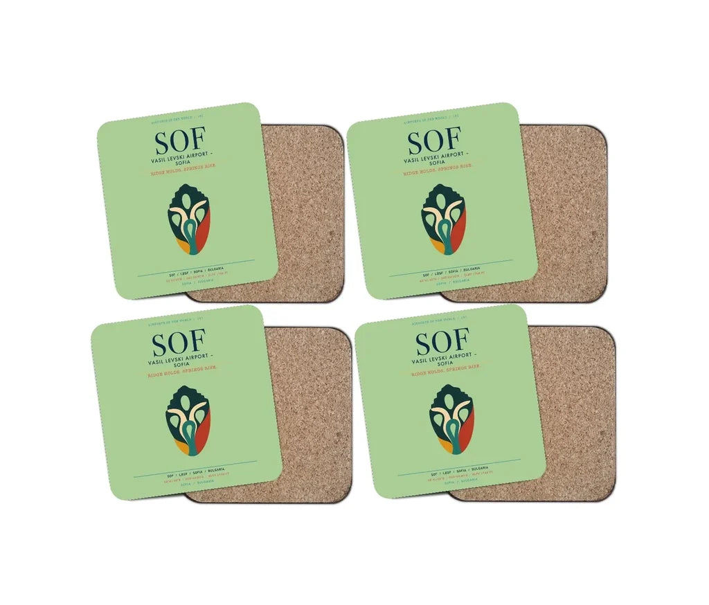 Vasil Levski Airport – Sofia (SOF) design on light green 4 pieces set coaster