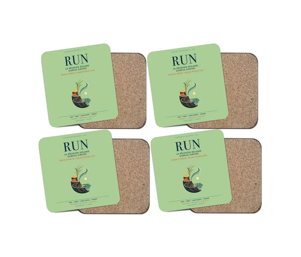 La Réunion Roland Garros Airport (RUN) design on light green 4 pieces set coaster