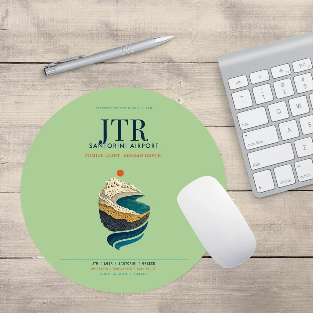 Santorini Airport (JTR) design on light green round mouse pad