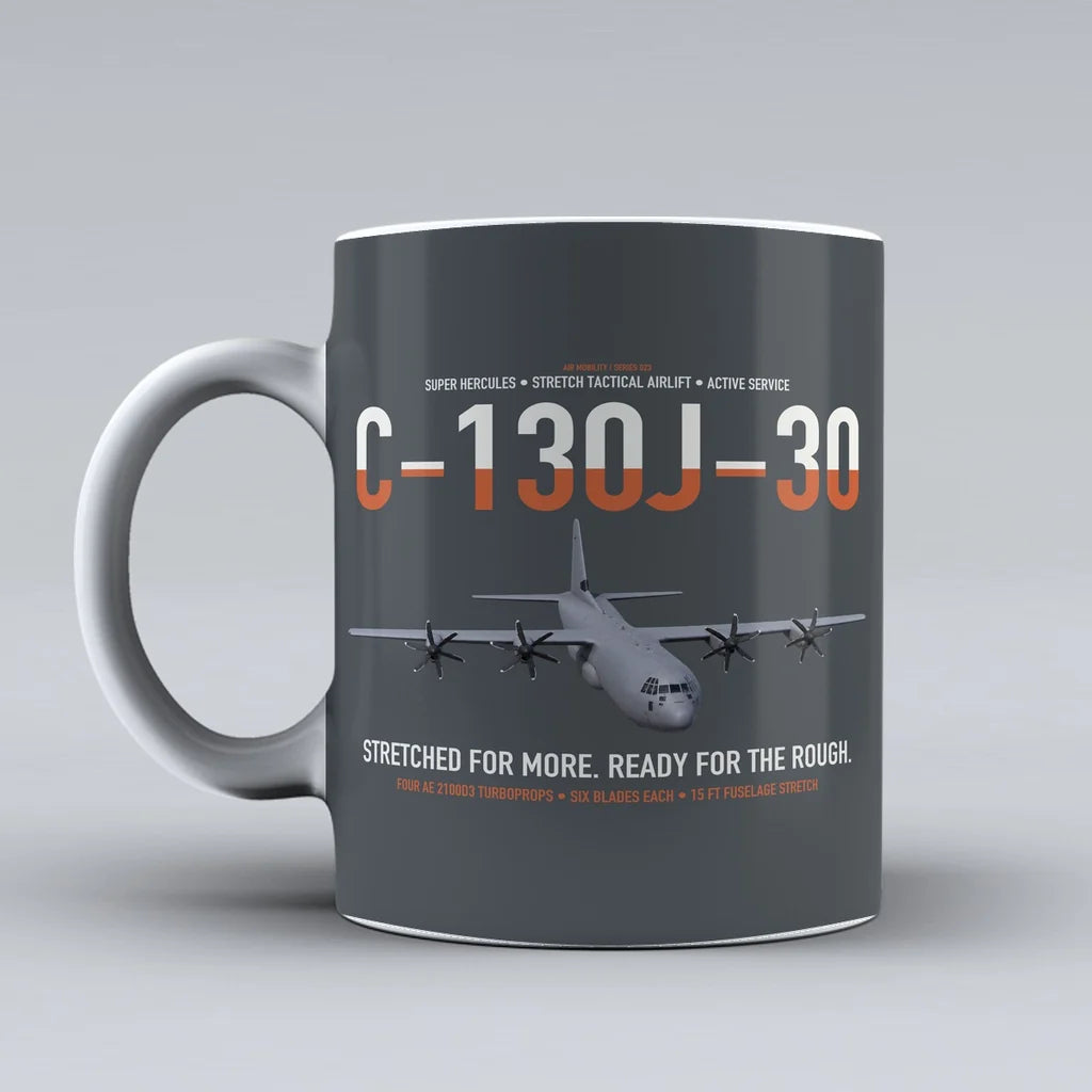 C-130J-30 Super Hercules design on gray ceramic mug, double-side print