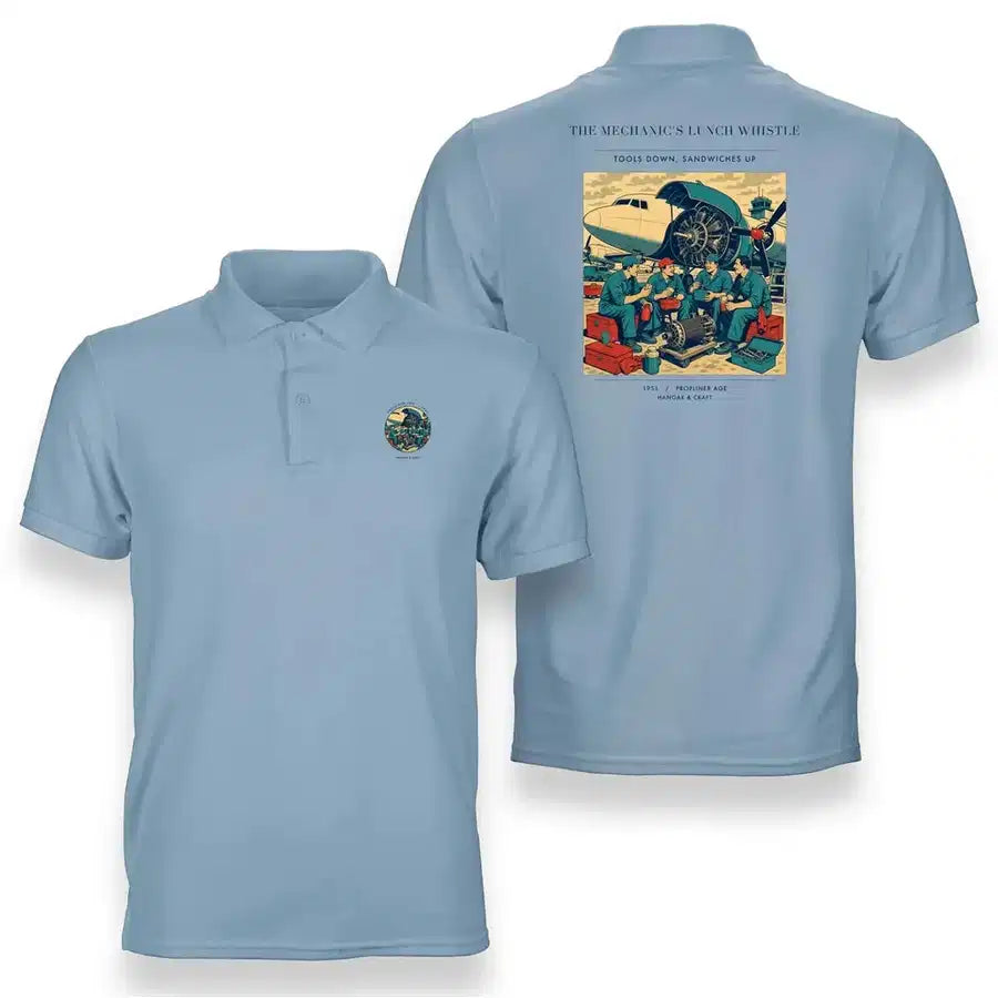 VINTAGE G4452 - The Mechanic's Lunch Whistle - Double-Side Polo T-Shirt design on lightblue