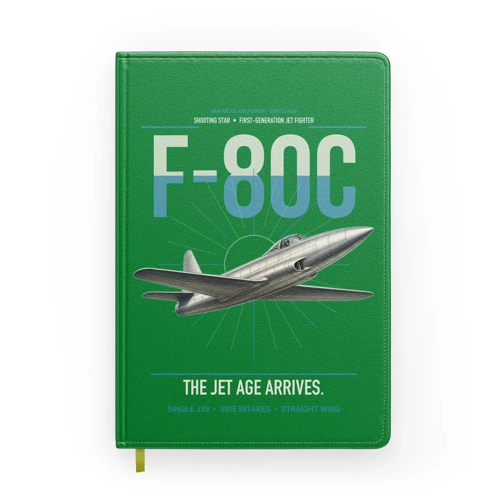 F-80C Shooting Star design on green notebook