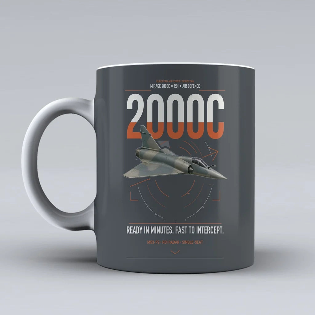 Dassault Mirage 2000C RDI design on gray ceramic mug, double-side print