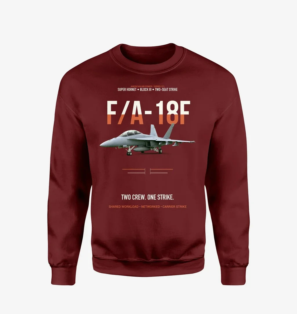 F-A-18F Super Hornet Block III Two Crew One Strike design on wine red sweatshirt