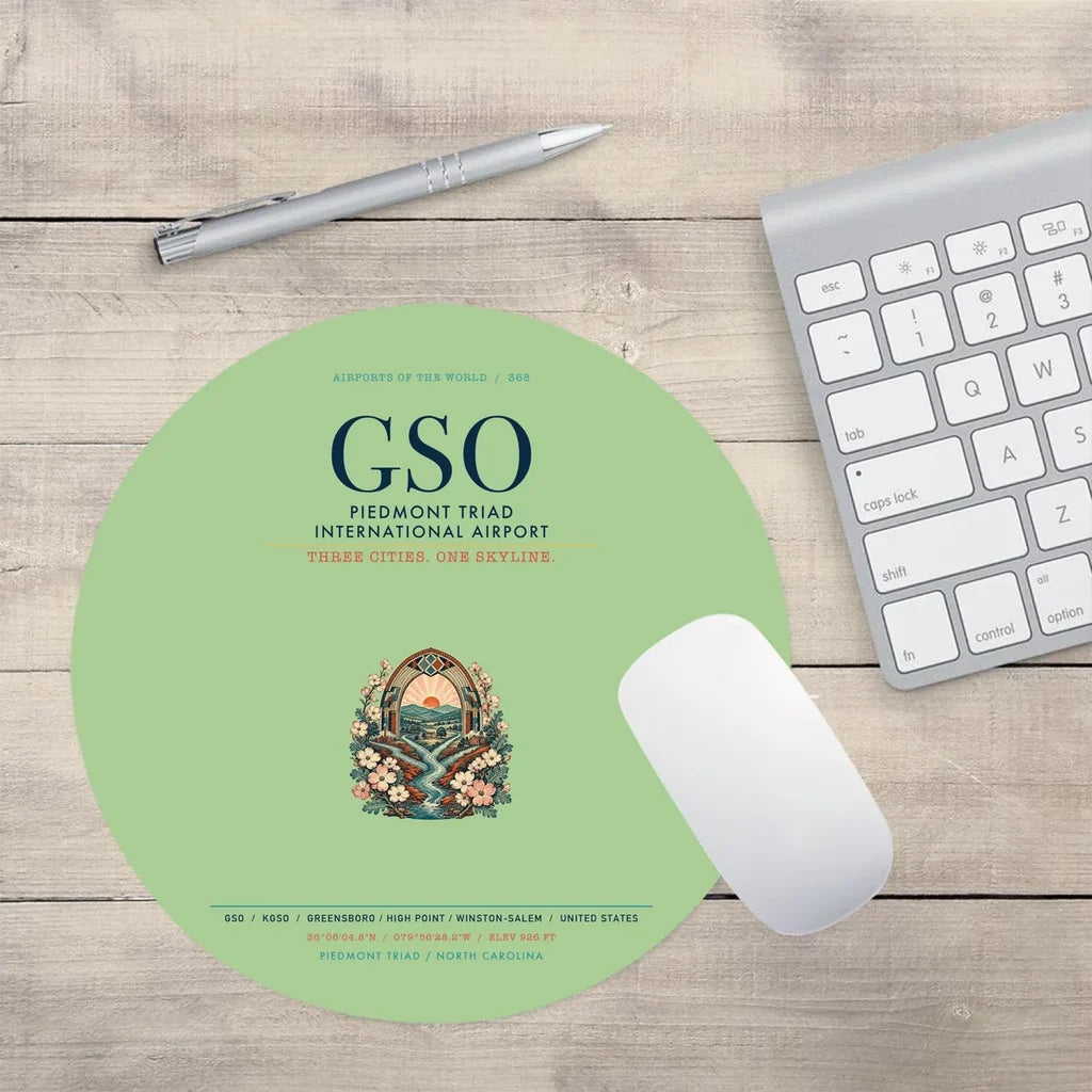 Piedmont Triad International Airport (GSO) design on light green round mouse pad