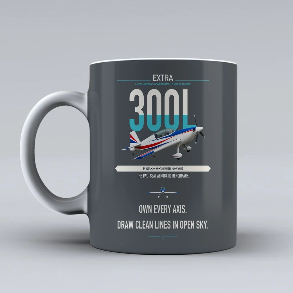Extra 300L design on gray ceramic mug, double-side print