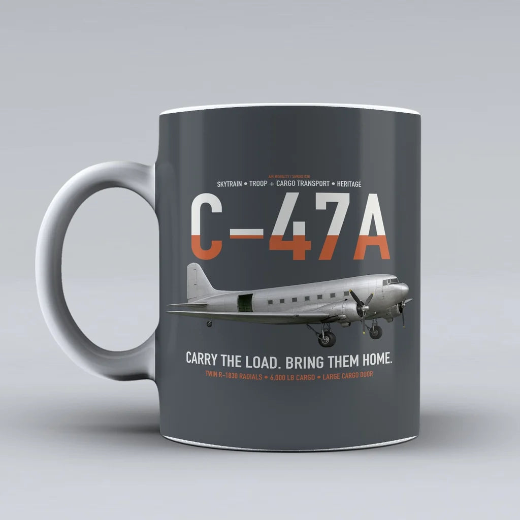 C-47A Skytrain design on gray ceramic mug, double-side print
