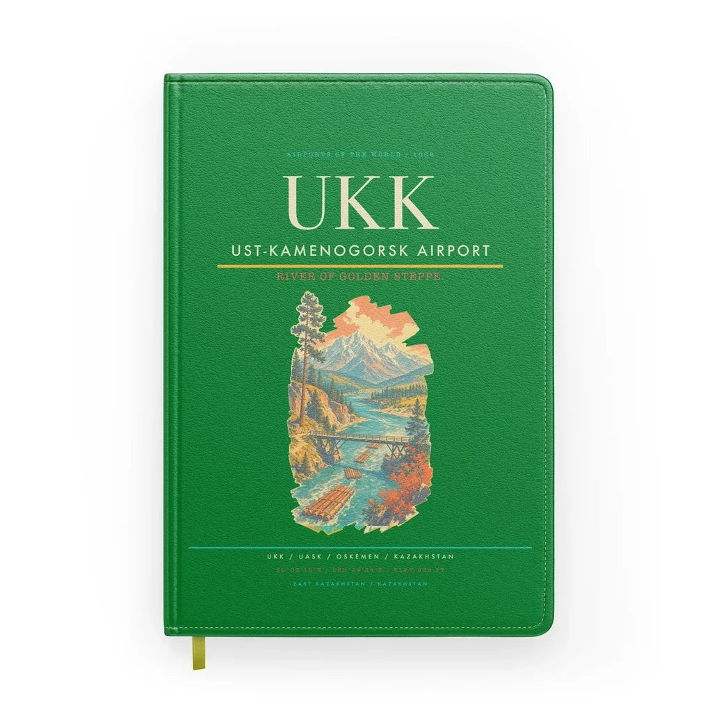Ust-Kamenogorsk Airport (UKK) design on green notebook