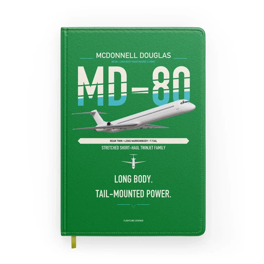 McDonnell Douglas MD-80 design on green notebook