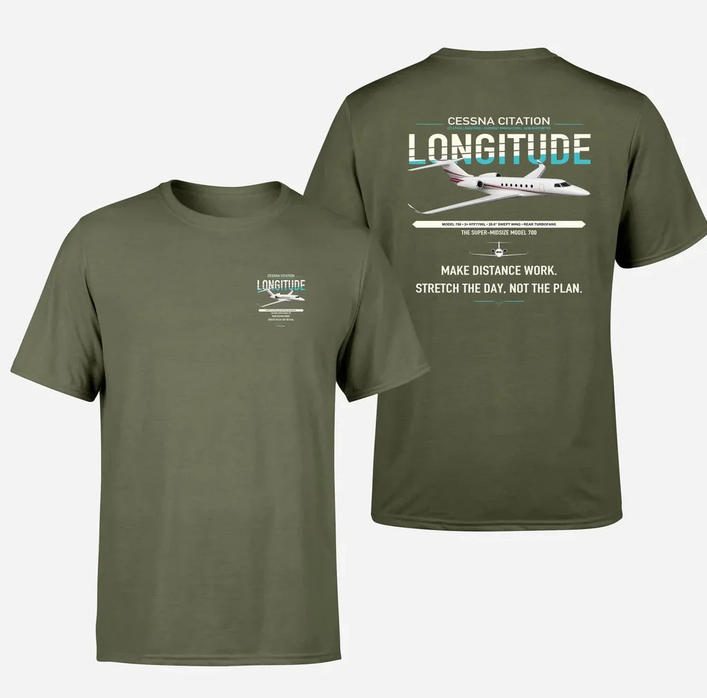 Cessna Citation Longitude design on green army double-side t-shirt, double-side print