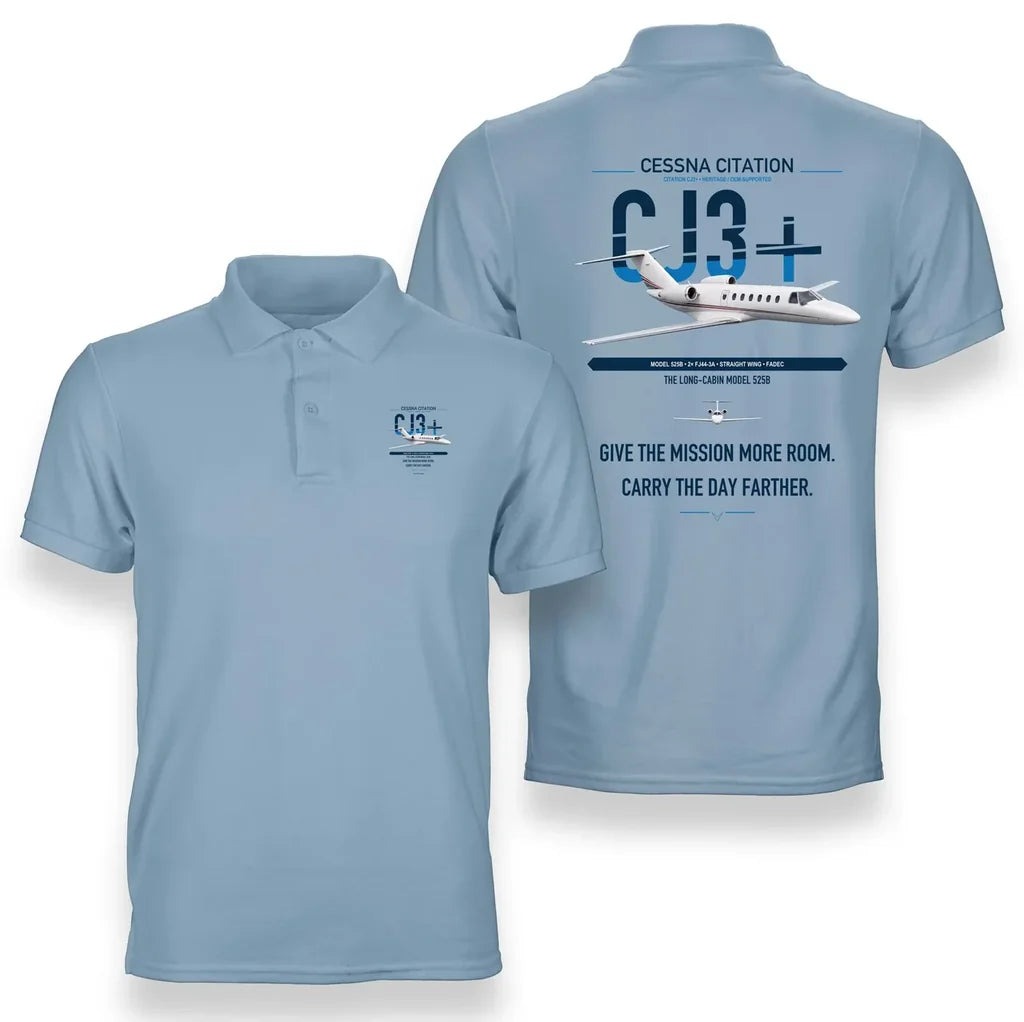 Cessna Citation CJ3+ design on light blue double-side polo t-shirt, double-side print