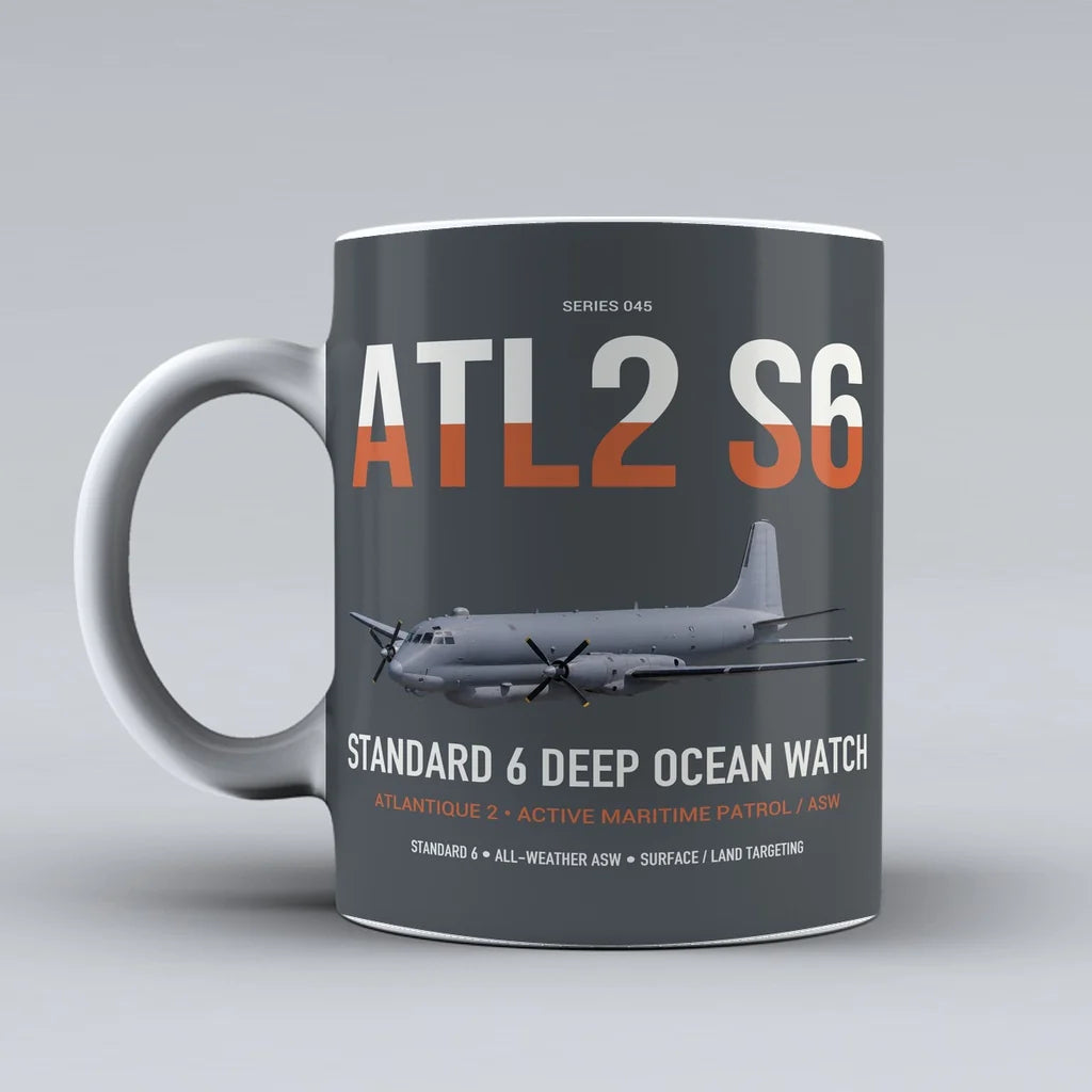 Atlantique 2 Standard 6 design on gray ceramic mug, double-side print
