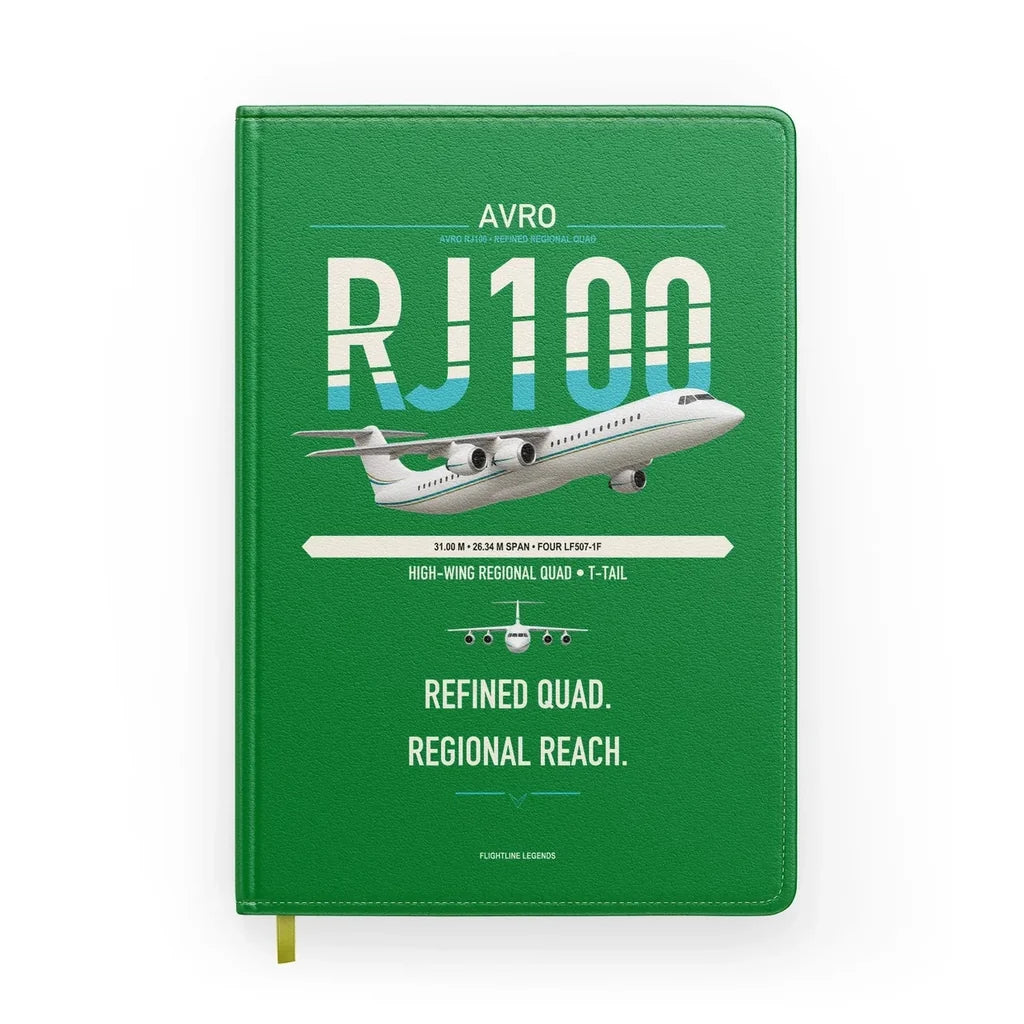 Avro RJ100 design on green notebook