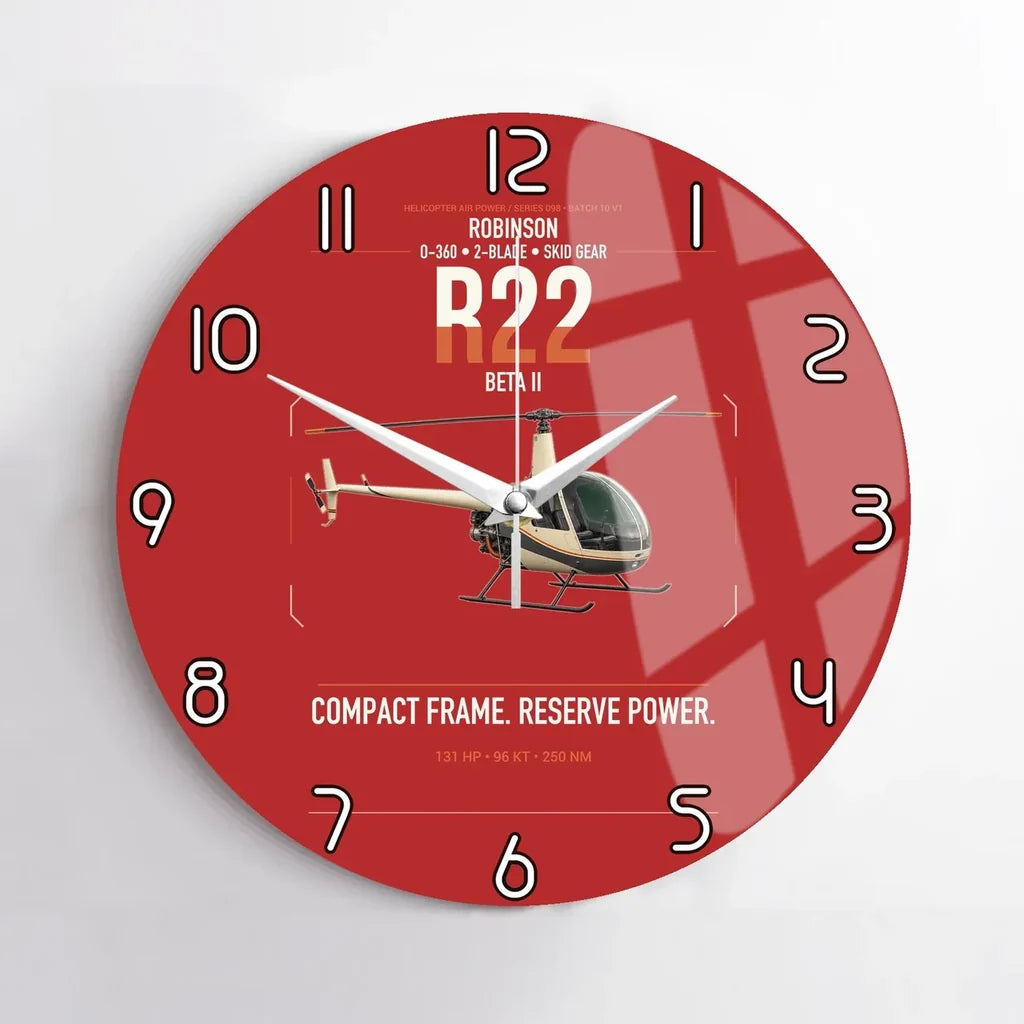 Robinson R22 Beta II design on red no frame wall clock