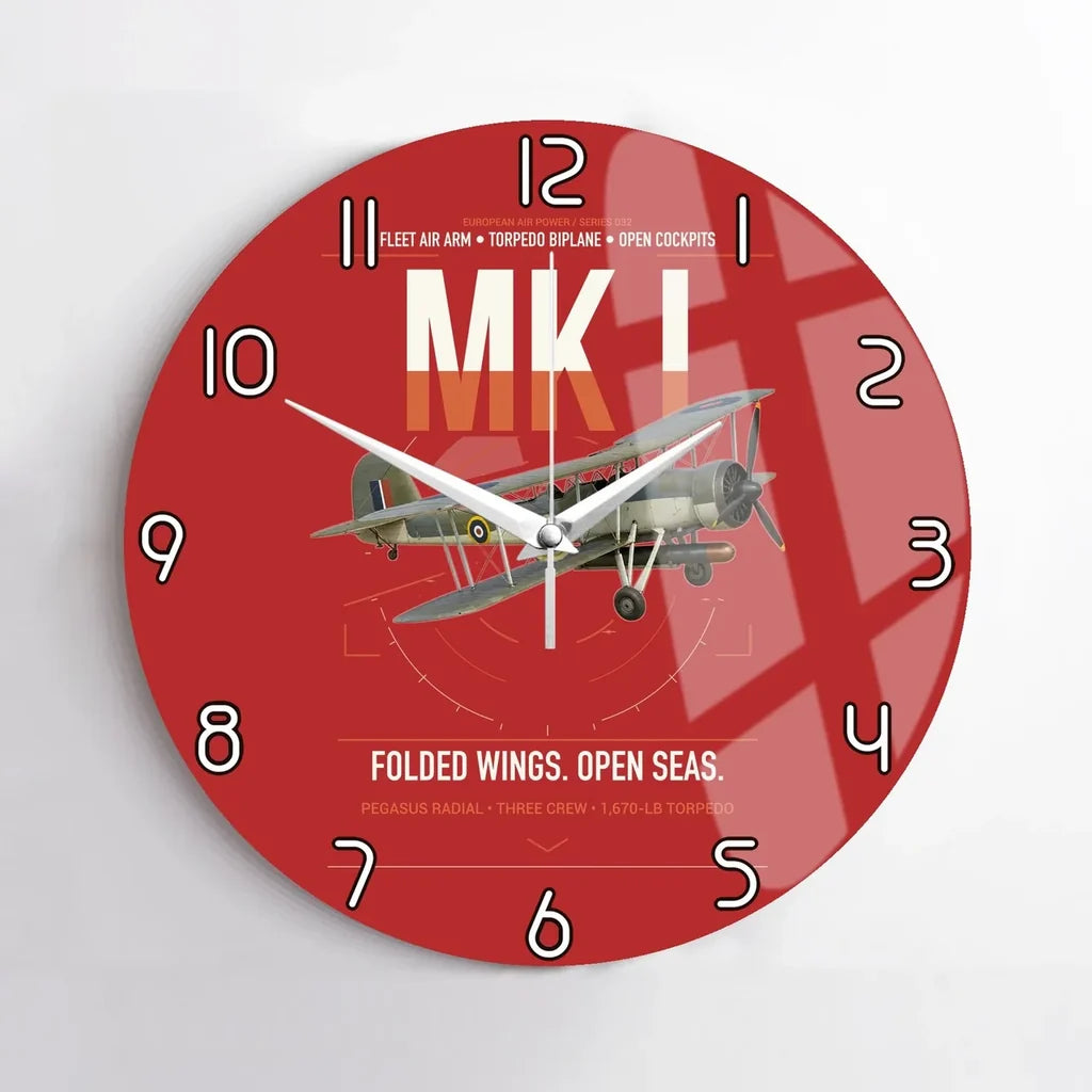 Fairey Swordfish Mk I design on red no frame wall clock